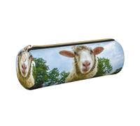 DNBCLEZK Sheep Looking Camera Cute Round Leather Pencil Case,Premium Smooth Zipper Durable Metal Puller,Full-Print Designer Stationery Organizer for School Office
