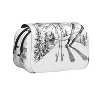 DNBCLEZK Skiing Theme Flip Top Double Layer Pencil Case,Full Print Oxford-Cloth Stationery Pouch with Zipper and Sticky Flap,Large Capacity Pencil Bag