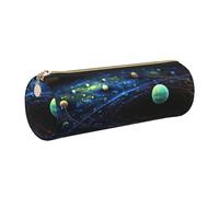 DNBCLEZK Space Planets Cute Round Leather Pencil Case,Premium Smooth Zipper Durable Metal Puller,Full-Print Designer Stationery Organizer for School Office