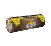 DNBCLEZK Sunflower Elephant Wooden Floor Cute Round Leather Pencil Case,Premium Smooth Zipper Durable Metal Puller,Full-Print Designer Stationery Organizer for School Office