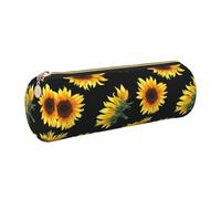 DNBCLEZK Sunflower Flowers Plants Black and Yellow Cute Round Leather Pencil Case,Premium Smooth Zipper Durable Metal Puller,Full-Print Designer Stationery Organizer for School Office