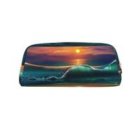 DNBCLEZK Sunset Seaside Customizable Leather Zipper Pencil Case, Full-Print Design School and Office Stationery Holder (Personalized Pattern)