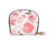 DNBCLEZK Tea Cups with Roses Romantic Shabby Pu Leather Semicircle Card Holder Wallet, Compact Zipper Card Case with 12 Card Slots 2 Main Compartments,Water-Resistant Small Purse