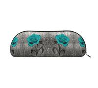 DNBCLEZK Teal Gray Rose Flower Semicircular Pencil Case, Full-Pattern Printed Pen Pouch, Premium PVC Cross-Grain Leather with Polyester Lining