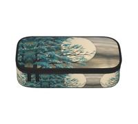 DNBCLEZK Teal Tree in Moonlight Large Capacity Pencil Case with Compartments,Oxford-Fabric Pen Pouch with Multi-Pocket Zipper, Aesthetic Printed Stationery Bag