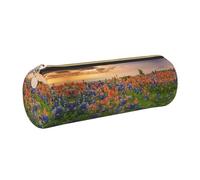 DNBCLEZK Texas Bluebonnets Scenery Cute Round Leather Pencil Case,Premium Smooth Zipper Durable Metal Puller,Full-Print Designer Stationery Organizer for School Office