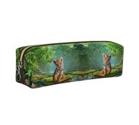 DNBCLEZK Tiger and Lotus Flowers Cute Leather Pencil Case,Premium Smooth Zipper Durable Metal Puller,Full-Print Designer Stationery Organizer for School Office