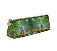 DNBCLEZK Tiger and Lotus Flowers Cute Leather Triangular Pencil Case,Premium Smooth Zipper Durable Metal Puller,Full-Print Designer Stationery Organizer for School Office