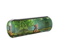 DNBCLEZK Tiger and Lotus Flowers Cute Round Leather Pencil Case,Premium Smooth Zipper Durable Metal Puller,Full-Print Designer Stationery Organizer for School Office