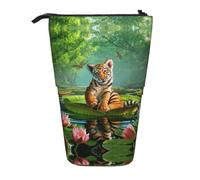 DNBCLEZK Tiger and Lotus Flowers Expandable Pencil Case,Oxford-Fabric Telescopic Pencil Pouch with Zipper, Portable Multifunctional Stationery Bag