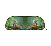 DNBCLEZK Tiger and Lotus Flowers Semicircular Pencil Case, Full-Pattern Printed Pen Pouch, Premium PVC Cross-Grain Leather with Polyester Lining