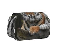 DNBCLEZK Tiger Couple Flip Top Double Layer Pencil Case,Full Print Oxford-Cloth Stationery Pouch with Zipper and Sticky Flap,Large Capacity Pencil Bag