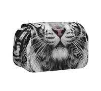 DNBCLEZK Tiger with Teal Eyes Flip Top Double Layer Pencil Case,Full Print Oxford-Cloth Stationery Pouch with Zipper and Sticky Flap,Large Capacity Pencil Bag