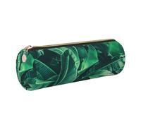 DNBCLEZK Tropical Banana Leaf Cute Round Leather Pencil Case,Premium Smooth Zipper Durable Metal Puller,Full-Print Designer Stationery Organizer for School Office