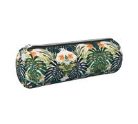 DNBCLEZK Tropical Summer Hawaiian Flower Palm Leaves Cylinder Leather Pencil Case, Multifunctional Full Print Cross Grain PVC Pen Pouch,Lightweight Portable Stationery Bag