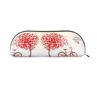 DNBCLEZK Valentine's Day Bike Tree Red Heart Cycle Semicircular Pencil Case, Full-Pattern Printed Pen Pouch, Premium PVC Cross-Grain Leather with Polyester Lining