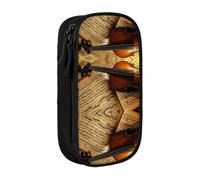 DNBCLEZK Violin and Book Double Layer Large Capacity Pencil Case,Print Polyester Oxford-Cloth Stationery Pouch with Multi Slots, Multi-Compartment Storage Bag