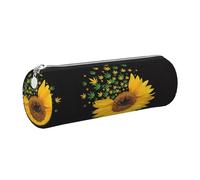 DNBCLEZK Weed with Sunflower Cute Round Leather Pencil Case,Premium Smooth Zipper Durable Metal Puller,Full-Print Designer Stationery Organizer for School Office