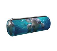 DNBCLEZK West Indian Manatees Cute Round Leather Pencil Case,Premium Smooth Zipper Durable Metal Puller,Full-Print Designer Stationery Organizer for School Office