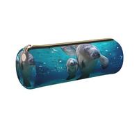 DNBCLEZK West Indian Manatees Cute Round Leather Pencil Case,Premium Smooth Zipper Durable Metal Puller,Full-Print Designer Stationery Organizer for School Office