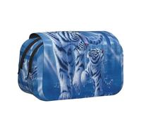 DNBCLEZK White Tiger Blue Flip Top Double Layer Pencil Case,Full Print Oxford-Cloth Stationery Pouch with Zipper and Sticky Flap,Large Capacity Pencil Bag