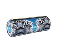 DNBCLEZK White Tiger Cute Round Leather Pencil Case,Premium Smooth Zipper Durable Metal Puller,Full-Print Designer Stationery Organizer for School Office