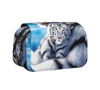 DNBCLEZK White Tiger Flip Top Double Layer Pencil Case,Full Print Oxford-Cloth Stationery Pouch with Zipper and Sticky Flap,Large Capacity Pencil Bag