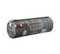 DNBCLEZK Wooden Barn Countryside Cute Round Leather Pencil Case,Premium Smooth Zipper Durable Metal Puller,Full-Print Designer Stationery Organizer for School Office