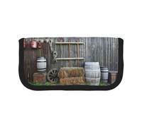 DNBCLEZK Wooden Barn Countryside Large Capacity Canvas Pencil Case with Full Print Black Trim,Multipurpose Makeup Bag Organizer, Double Zipper Closure (19x9x5 Cm)