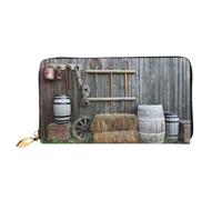 DNBCLEZK Wooden Barn Countryside Long Leather Wristlet Wallet with Dual-Sided Print-Large Capacity Organizer with 12 Card Slots,Zippered Coin Pocket and Multiple Compartments
