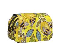 DNBCLEZK Yellow Lemon and Bee Flip Top Double Layer Pencil Case,Full Print Oxford-Cloth Stationery Pouch with Zipper and Sticky Flap,Large Capacity Pencil Bag