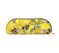 DNBCLEZK Yellow Lemon and Bee Semicircular Pencil Case, Full-Pattern Printed Pen Pouch, Premium PVC Cross-Grain Leather with Polyester Lining