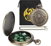 DND 3 Dragon Heads Pocket Watch Case, Mini Dice Set, 7pcs Polyhedral Acrylic Dice, Fantasy Game Set, D&D Starter Set, DND Gifts with Dragon Bag, RPG Accessroies, Warhammer Gifts, Green Dice