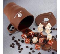 DND Coffee & Sugar Themed Dice Set (14 PCS) with +3 Stamina Potion Silicone Mug for Storage, 7 Acrylic Resin Polyhedral Gaming Dice for Dungeons and Dragons, Pathfinder and Tabletop RPG