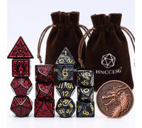 DND Dice Set, 2 Sets of 7 Polyhedral Dice with Dragon Coin,Black-Gold & Red | Rune & Classic Dual Style, 2 complete acrylic sets, Two Velvet Pouches, Gift-Ready for RPG Tabletop, Black-Gold + Black-Red
