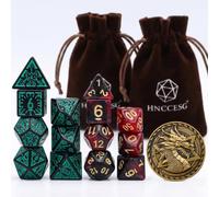 DND Dice Set, 2 x 7 Polyhedral Dice with Dragon Coin, Black-Red/Black-Green | Rune & Classic Styles, 2 Acrylic sets, 2 Velvet Pouches with Dragon coin, Gift-Ready for RPG fans, Black-Red + Black-Green