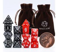DND Dice Set, 2 x 7 Set Polyhedral Dice with Dragon Coin, Red & Black-White | Rune & Classic Style, 2 Complete acrylic sets, 2 Velvet Pouches,Dragon Coin,Gift-Ready for RPG Tabletop,Red-White+Black-White