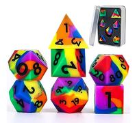 DND Dice Set Silicone DND 7 Pieces Silicone Soft Rubber DND Dice with Beautiful Display Box Hand Faceted Black Numbers D&D Dice for Dungeons & Dragons RPG and RPG Tabletop Games(Rainbow)