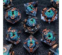 DND Dice Set with Liquid Core, Dragons Eye & Flaming RPG Sharp Edged Dice, Compatible with Dungeons and Dragons Starter Set, 7 Piece Including D20, Gift with Tin Box (Blue-green dragon-eye style)
