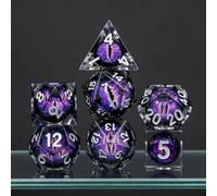DND Dice Set with Liquid Core, Dragons Eye & Flaming RPG Sharp Edged Dice, Compatible with Dungeons and Dragons Starter Set, 7 Piece Including D20, Gift with Tin Box (Black-purple dragon-eye style)