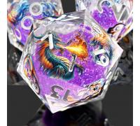 DND Dragon Resin Dice Set 7 Pcs Polyhedral Dice/Transparent Resin Dice with Embedded Dragon Phoenix Art, Premium Tabletop Game Dice for TTRPG, Pathfinder, MTG (Purple & Silver)
