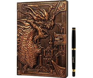 DND Notebook / Journal, Unique 200 Page Book with 3D Bronze Dragon Embossed Faux Leather Cover with Pen- Ideal for Dungeons & Dragons / D&D. Great RPG Accessories Gift for DM's & Players, Men or Women