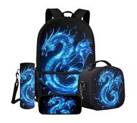 Dngkaoje Abstract Blue Dragon School Bag for Teens Boys Girls 4 Pieces Animals Dragon Backpack Set with Insulated Lunch Bag Pencil Case Water Bottle Cover for Middle School Bookbag Casual Daypack