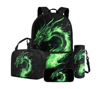 Dngkaoje Abstract Green Dragon School Backpack Set for Boys Teens Age 10-14，Neon Green Dragon Schoolbag With Insulated Lunchbox Pencil Case 4 in 1 Children Back to School Bag Set