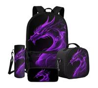 Dngkaoje Abstract Purple Dragon Backpack with Lunch Box Kids Boys Girls School Bag 4 in 1 Purple Neon Dragon Print Bookbag with Pen Bags Water Bottle Cover Elementary School Daypack for Students Teens