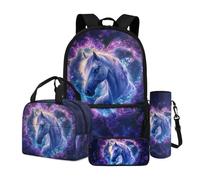 Dngkaoje Animal Horse Backpack for Girls Kids School Bag Sets with Lunchbox Pencil Case Water Bottle Cover 4 in 1 Purple Horse Print Bookbag Large Rucksack Teens Children School Backpack