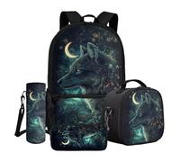 Dngkaoje Animal Wolf Backpack for Kids Boys Schoolbag Set with Lunch Box Pencil Case 4 in 1 Starry Night Wlof Print School Backpack for Elementary Middle School Casual Daypack Travel Hiking Rucksack