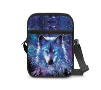 Dngkaoje Animal Wolf Crossbody Bags for Women Men Small Zipper Wallet with Adjustable Strap,Starry Night Wolf Shoulder Handbag Sling Satchel for Travel Beach Holiday Messenger Tote Bags