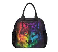 Dngkaoje Animal Wolf Lunch Bag for Shcool Boys 6-8,Kids Lunch Box with Galaxy Wolf Print Reusable Insulated Lunchbox for School Children Lunch Carrier with Side Pocket for Elementary School