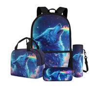 Dngkaoje Animal Wolf School Backpack Set for Kids Boys Backpack 10-12 Years Old,Galaxy Wolf School Bookbag and Lunchbox Pencil Case Water Bottle Sleeve for Kindergarten Primary Schoolbags Set 4Pcs